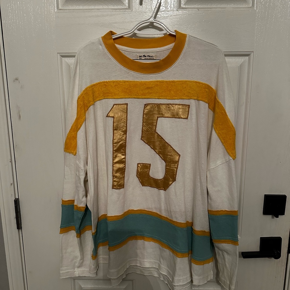 Free People White Long Sleeve Tee with Gold and Teal Accents